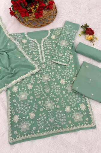 Green embroidered faux georgette palazzo style salwar suit