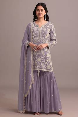 Purple embroidered faux georgette palazzo style salwar suit 1