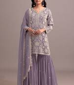 Purple embroidered faux georgette semi-palazzo style salwar suit