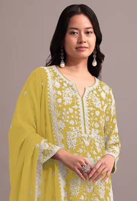 Yellow embroidered faux georgette palazzo style salwar suit 2