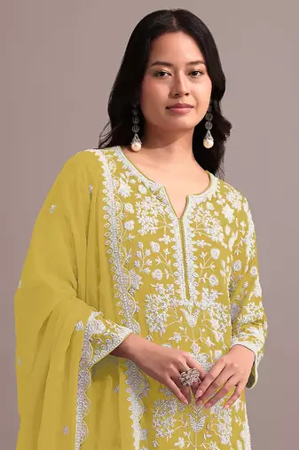 Yellow embroidered faux georgette palazzo style salwar suit