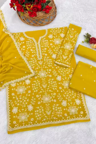 Yellow embroidered faux georgette palazzo style salwar suit