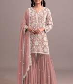 Peach embroidered faux georgette semi-palazzo style salwar suit