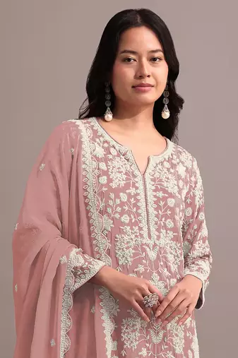 Peach embroidered faux georgette palazzo style salwar suit
