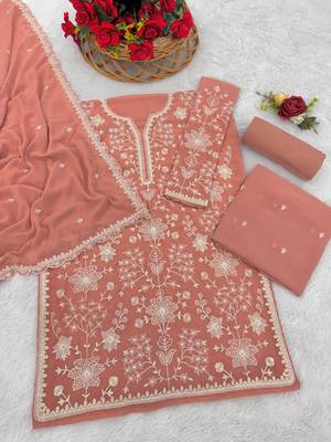 Peach embroidered faux georgette palazzo style salwar suit 3