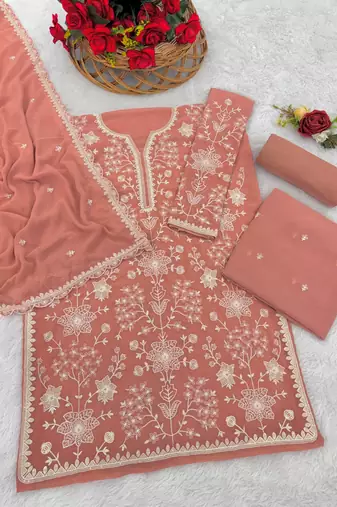 Peach embroidered faux georgette palazzo style salwar suit