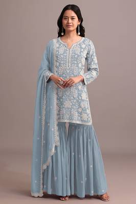 Sky embroidered faux georgette palazzo style salwar suit 1