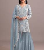Sky embroidered faux georgette semi-palazzo style salwar suit