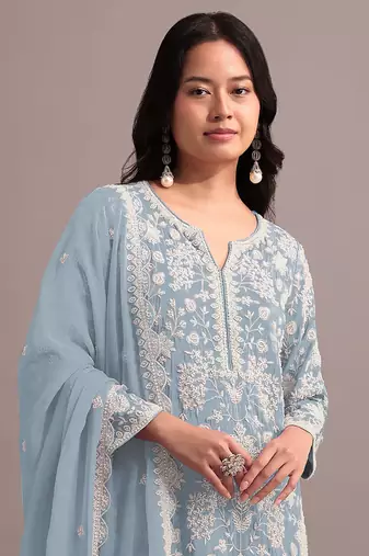 Sky embroidered faux georgette palazzo style salwar suit