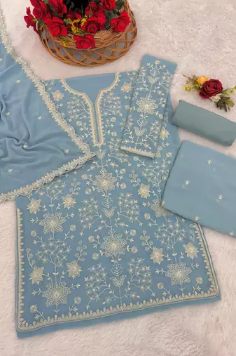 Sky embroidered faux georgette palazzo style salwar suit