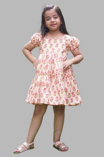 Pink Cotton Floral Print Fit & Flare Frock Set For Kids