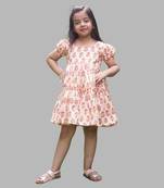 Pink Cotton Floral Print Fit & Flare Frock Set For Kids