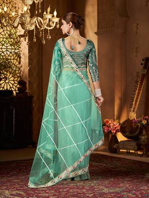 Blue net embroidery work saree with unstitched blouse piece 4