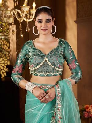Blue net embroidery work saree with unstitched blouse piece 5