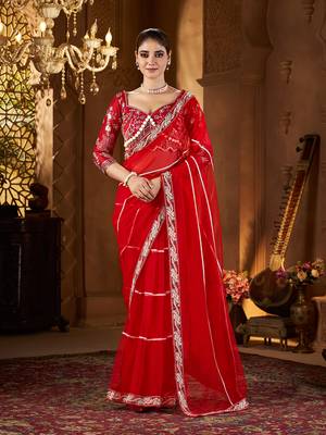Red net embroidery work saree with unstitched blouse piece 1