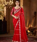 Red net embroidery work saree with unstitched blouse piece