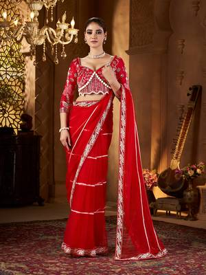 Red net embroidery work saree with unstitched blouse piece 2