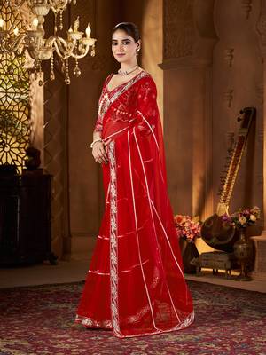 Red net embroidery work saree with unstitched blouse piece 3