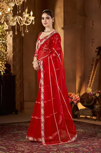 Red net embroidery work saree with unstitched blouse piece