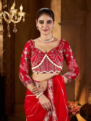 Red net embroidery work saree with unstitched blouse piece 5