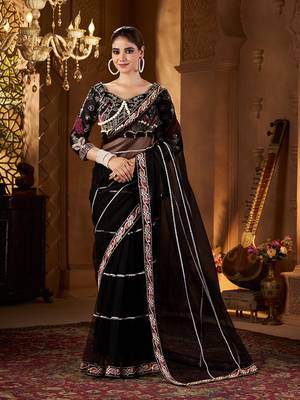 Black net embroidery work saree with unstitched blouse piece 1