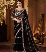 Black net embroidery work saree with unstitched blouse piece