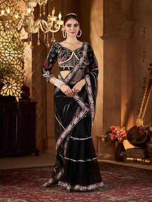 Black net embroidery work saree with unstitched blouse piece 2