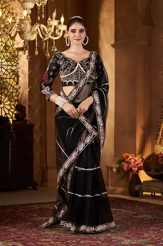 Black net embroidery work saree with unstitched blouse piece