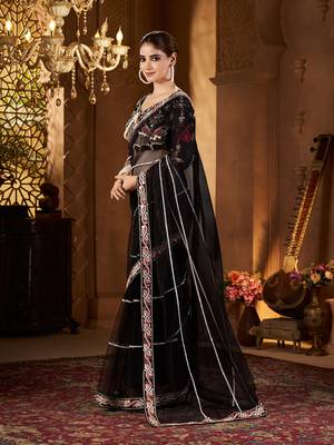 Black net embroidery work saree with unstitched blouse piece 3