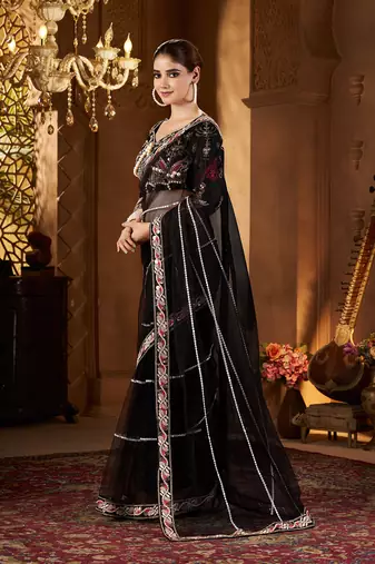 Black net embroidery work saree with unstitched blouse piece