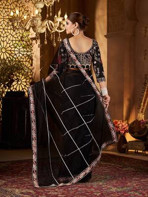 Black net embroidery work saree with unstitched blouse piece 4