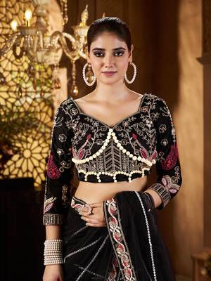 Black net embroidery work saree with unstitched blouse piece 5