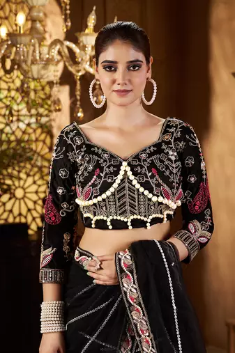 Black net embroidery work saree with unstitched blouse piece