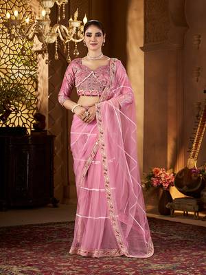 Pink net embroidery work saree with unstitched blouse piece 1