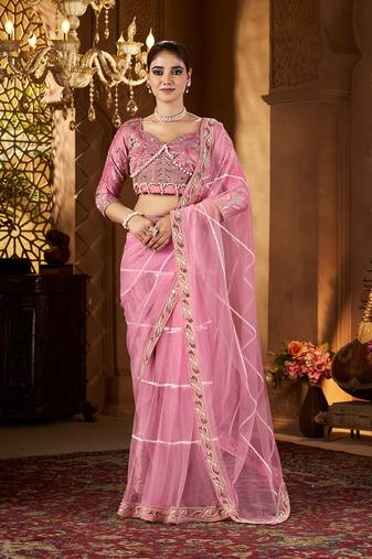 Pink net embroidery work saree with unstitched blouse piece