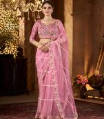 Pink net embroidery work saree with unstitched blouse piece