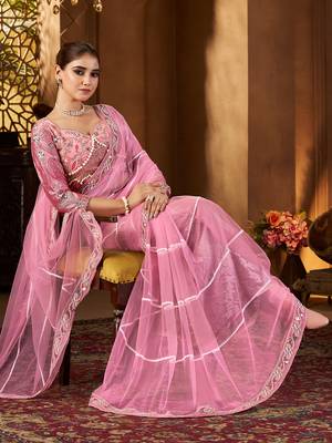 Pink net embroidery work saree with unstitched blouse piece 2