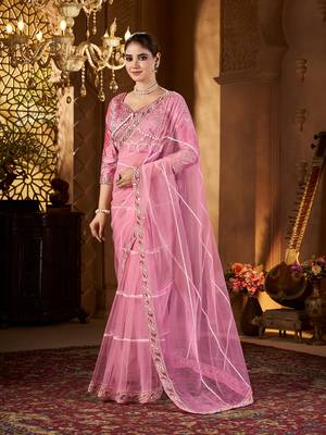 Pink net embroidery work saree with unstitched blouse piece 3