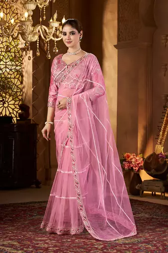 Pink net embroidery work saree with unstitched blouse piece