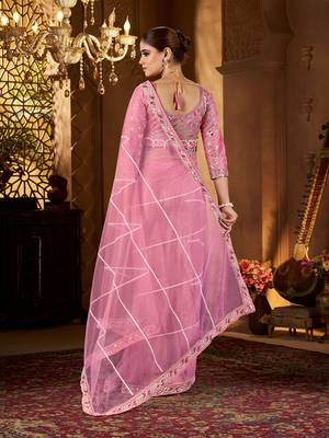 Pink net embroidery work saree with unstitched blouse piece 4