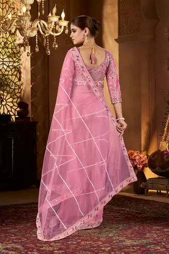 Pink net embroidery work saree with unstitched blouse piece