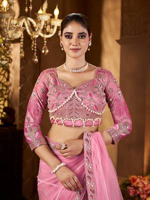 Pink net embroidery work saree with unstitched blouse piece 5