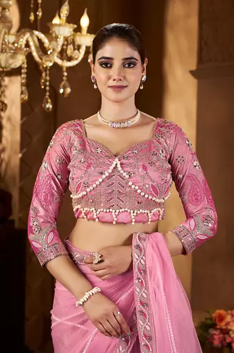 Pink net embroidery work saree with unstitched blouse piece