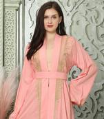 Light Pink Arabic Style Kaftan With Gold Aari Embroidery