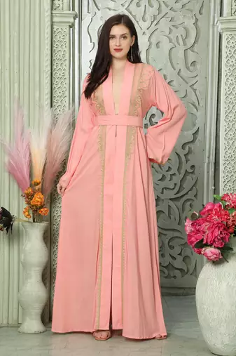 Light Pink Arabic Style Kaftan With Gold Aari Embroidery