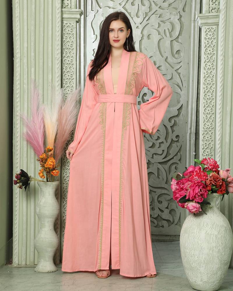Light Pink Arabic Style Kaftan With Gold Aari Embroidery
