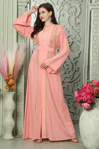 Light Pink Arabic Style Kaftan With Gold Aari Embroidery