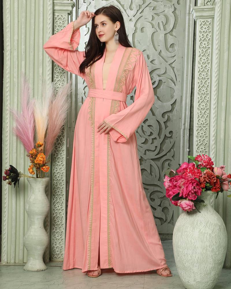 Light Pink Arabic Style Kaftan With Gold Aari Embroidery