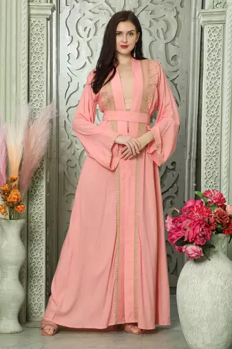 Light Pink Arabic Style Kaftan With Gold Aari Embroidery