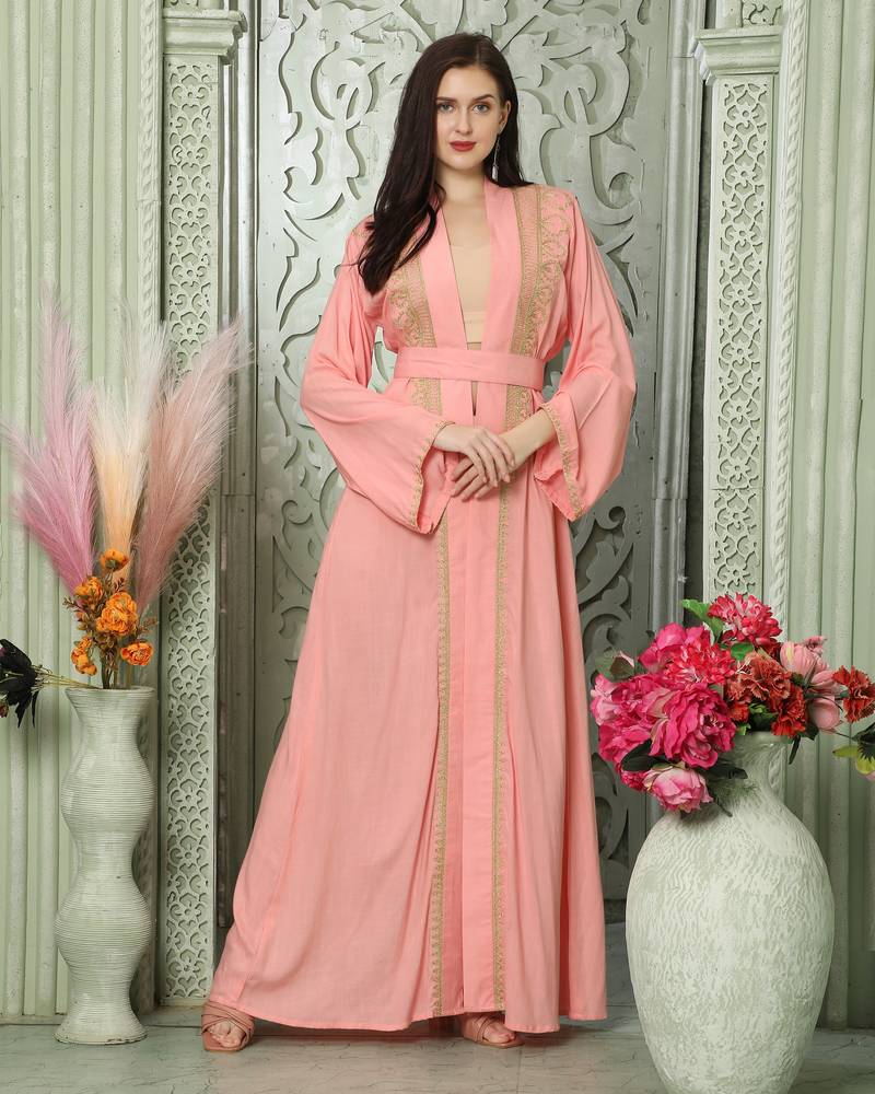 Light Pink Arabic Style Kaftan With Gold Aari Embroidery